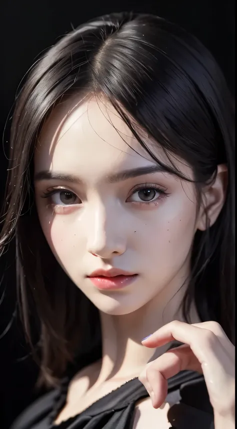 masterpiece, best quality, 8k, absurd, Beautiful girl, (night, upper body, dark background:1.4), (classical dress:1.6), dark studio, rim lights, dimly lit, low key, extremely realistic, mackerel, photography, film grain, chromatic aberration, depth of fiel...