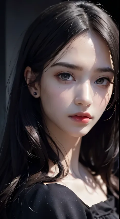 masterpiece, best quality, 8k, absurd, Beautiful girl, (night, upper body, dark background:1.4), (classical dress:1.6), dark studio, rim lights, dimly lit, low key, extremely realistic, mackerel, photography, film grain, chromatic aberration, depth of fiel...