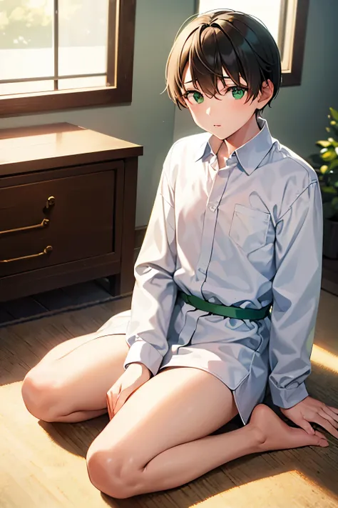 a boy in a bedroom, wearing a white long sleeve shirt and green underwear, sitting in the seiza position,