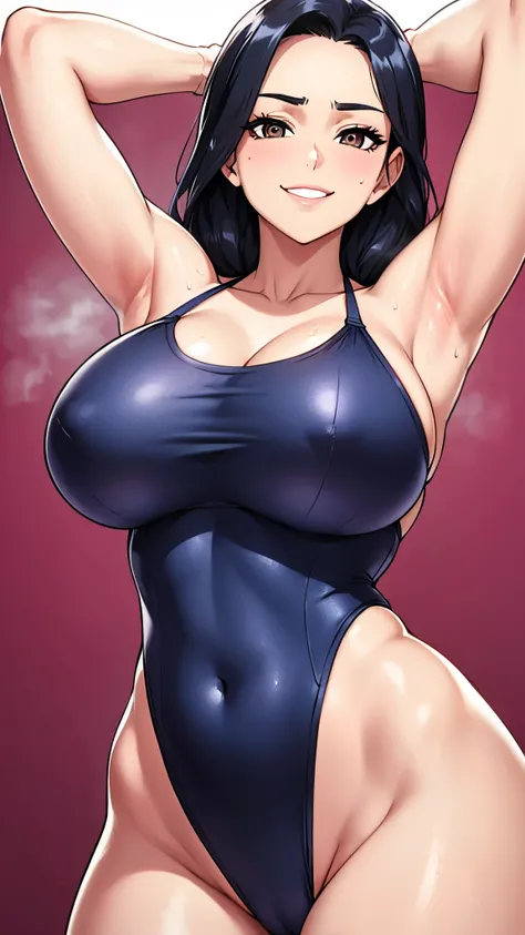 8K, high quality, animation, married woman, fair skin, beautiful, neat, bright, emphasis on eyes, sexy, super big tits, beautiful line drawing. Black hair, white skin, brown eyes, arms up, armpit view, head down, simple background, pink background, erotic,...