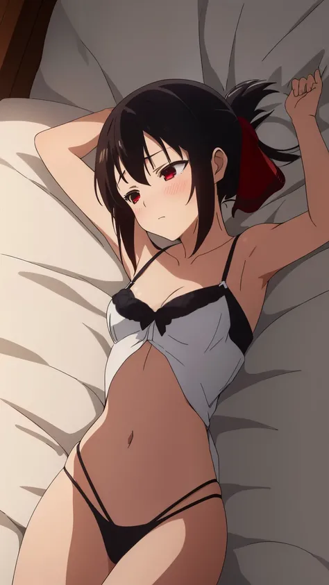 (best quality, masterpiece, 8k:1.2), (anime:1.2), detailed, Shinomiya Kaguya,1girl, solo, (black hair:1.2), side Lock, red eyes, short hair, folded ponytail, red hair ribbon, eye light, small medium breasts, nffsw, (gorgeous nightclub background), (embarra...