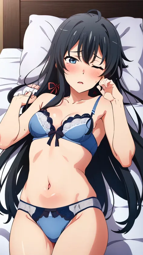 (masterpiece, best quality, highres, 8k:1.2), (anime), yukino, long hair, ahoge, Small medium breast, hair ribbon, Perfect face, Perfect eyes, nffsw, (gorgeous nightclub background), (embarrassed expression, blushing), (dynamic sexy pose), (lingerie, sexua...