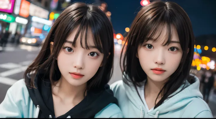 (masterpiece, best quality best:1.4), girl, alone, (pretty face, night:1.2), Viola part, 8k, 15 years, outrageous lips, upper part of the body, hood T-shirt, looking at viewer, And makeup, film grain, color difference, sharp focus, Face light, complicated,...