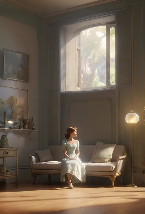 a woman sitting on a couch in a room with a window, beautiful render of a fairytale, global illumination. vfx, beautiful lightin...