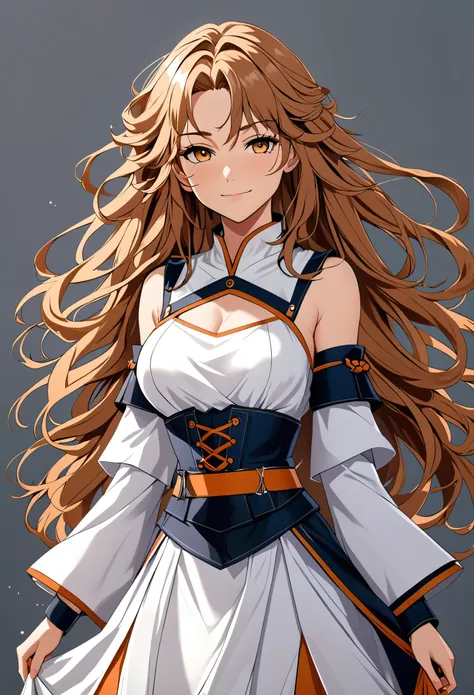 (masterpiece), (high resolution, 8k), (high detailed), women, lean body, (long waist length wavy messy hair, beautiful face, (close mouth:1.2), tired smile, sexy warrior outfit with detached sleeves with long skirts, anime style, unaestheticXL_bp5, SimpleP...