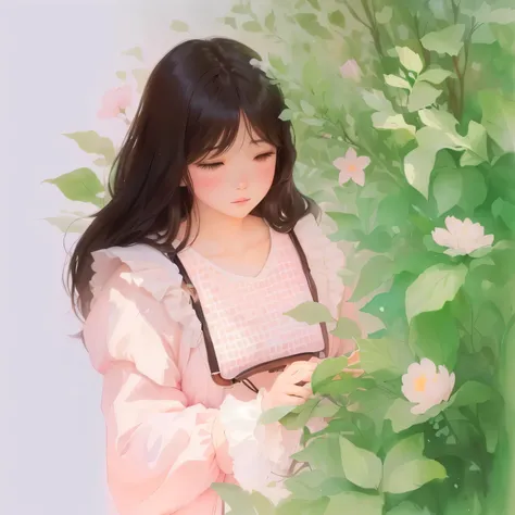 There was a girl standing in front of a bush, Soft anime illustration, Soft digital painting, Produced in collaboration with Anime Painter Studio, Watercolor Digital Painting, Painting in an anime artist studio, A beautiful art illustration, Blurred dreamy...