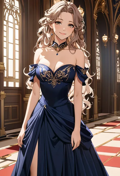 (masterpiece), (high resolution, 8k), (high detailed), women, lean body, (long waist length wavy messy hair, beautiful face, (close mouth:1.2), tired smile, sexy regal long dress outfit with detached sleeves with long skirts, anime style, unaestheticXL_bp5...