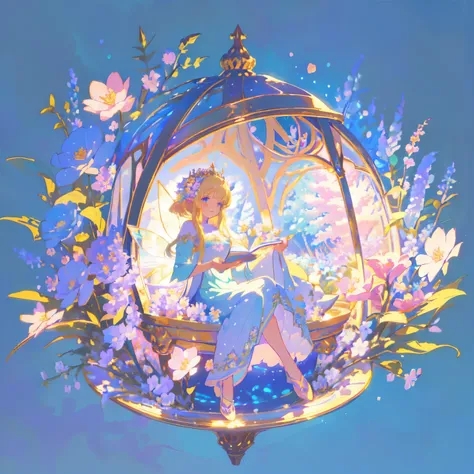 There is a cartoon girl sitting on a plate with flowers, Pastel anime illustration, blurry and Fantasy illustrations, Fairy tale illustration style, Space Flower Fairy, Blonde Princess, blurred and Fantasy illustrations, Fantasy illustrations, Elf girl in ...