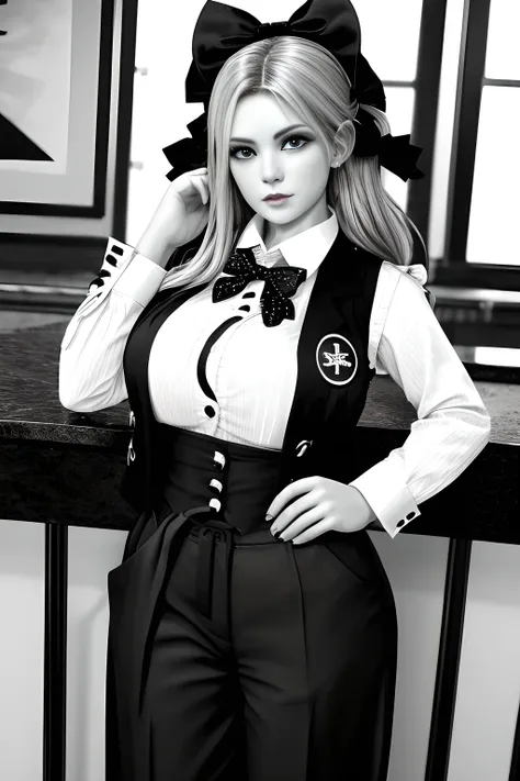 1girl ,BREAK (black and white theme:1.4), (bar-maid:1.2), (wearing a black cummer-vest over a white long-sleeved collared-shirt with bow tie:1.4), (black bow tie:1.2), (cummer-vest:1.1), (button-up:1.3), (black slacks pants with narrow waist:1.3), (Attach ...