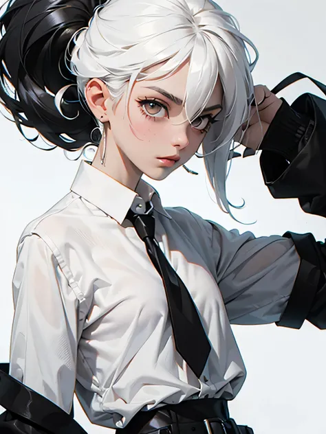 with black and white hair wearing a white shirt