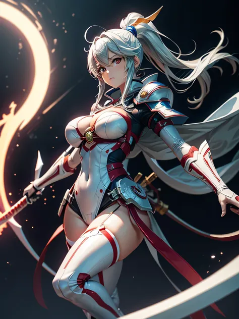 Woman in white and red latex hero suit holding beam whip and round shield, Ray-traced imagery inspired by Masamune Shirow, Pixiv, chest, Katana Zero video game characters, Kirokaze pixel art, Zodiac Knight Girl, Aqua from Konosuba, guilty gear art style, P...