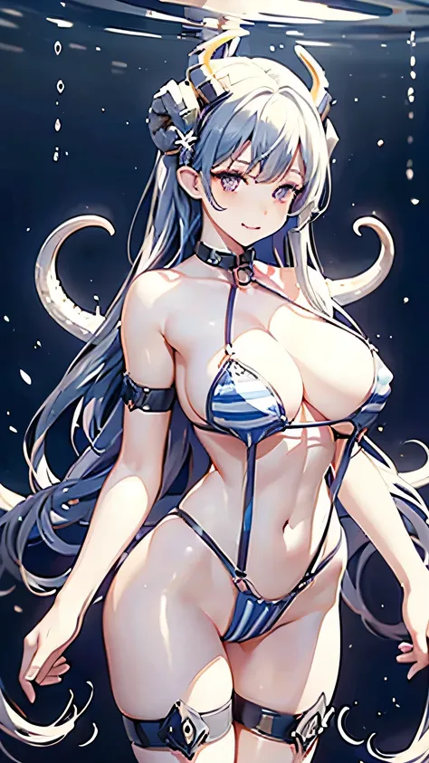 Multiple tentacles in mouth，Multiple tentacles in mouth，Multiple tentacles in mouth，Multiple octopus tentacles enter the body，nude，Transparent blue and white striped swimsuit，Big succubus with horns on her head and big cleavage，Long hair，Translucent suspen...