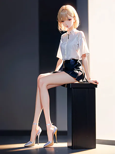 real、long legs、full、feminine、white shirt、mini skirt、high heels,very delicate face,realistic lighting and shading, (very delicate and beautiful芸術)1.2, It&#39;s elegant,dramatic shadow、very detailed。high quality、High resolution、Raw、超High resolution、super det...