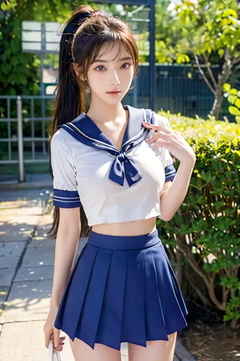 (Ultra HD), (Looking at me), (The whole body is shown), (Short-sleeved sailor uniform, Navy blue low-rise mini skirt), (Big Breasts:1.2), Super beautiful breasts, slender, Narrow waist, (Thin legs:1.2), (Thin thighs:1.2), (Thin Hips:1.4), (Beautiful Skin, ...