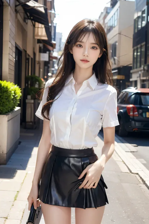 (Ultra HD), (Looking at me), (The whole body is shown), (Office Lady:1.2, Short-sleeved collared shirt, Tight mini skirt), Big Breasts, Super beautiful breasts, slender, Narrow waist, (Thin legs:1.2), (Thin thighs:1.2), (Thin Hips:1.4), (Beautiful Skin, Sh...