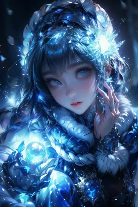 a cute girl with blue eyes, blue shining sphere, falling snow, fantasy art style, glowing magical eyes, shining blue eyes, realistic, detailed, digital painting, cinematic lighting, volumetric lighting, dynamic composition, dramatic lighting, highly detail...