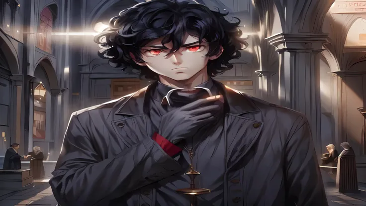 a tall man, long, voluminous and curly black hair, approximately 1, serious face, strong eyebrows
penetrating and serious look, tall, thin, defined white, red eyes,
