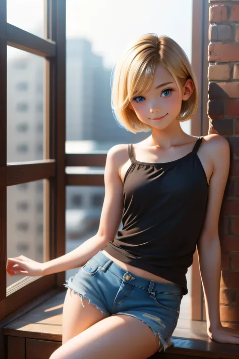 masterpiece, 1 girl, beautiful, short hair, blond hair, fringe, smile, blue eyes, slim, small, black top, nice legs, denim shorts, from below, 