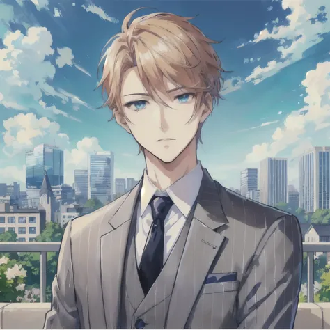 anime man in suit and tie standing in front of a city, anime handsome man, tall anime guy with blue eyes, anime portrait of a handsome man, beautiful androgynous prince, handsome anime pose, smooth anime cg art, delicate androgynous prince, handsome stunni...