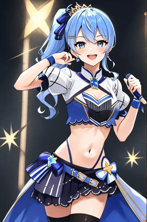best quality, absurdres, 1girl, solo, Hoshimachi Suisei, light blue hair, blue eyes, happy, smile, parted lips, slender, sidelocks, sideponytail, toned, 
idol, idol clothes, hololive idol uniform, bowtie, blue skirt, brooch, dress, concert, on stage, frill...