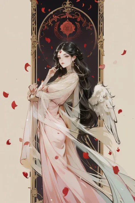 1 full-length portrait of a girl, angelicales, Devil Wings, Gorgeous long dress, Stand on both feet, (((solo))), Clear facial features, simple line design,  Tarot card design, Character portrait, ((Flat coating)), (tmasterpiece，Highest quality，Best quality...