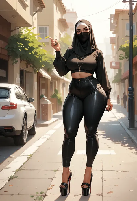 An Arabic milf, wearing silk Hijab, face veil, black leather top, leather tight pants, platform heel, make-up, polished nails:0.91, perfect anatomy, lewd, thick juicy thighs, standing in parking lot, outside, sunnyday, confident smile, gaze, cinematic ligh...