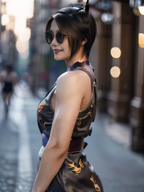 20 year old Japanese beauty，One woman、Muscular body like a bodybuilder、Emphasize the breasts、He has a tortoiseshell comb on his head.、Slit eyes、A head-to-toe view，Bust is very very small、Wall Street in the background、High quality photos、Clear, crisp images...