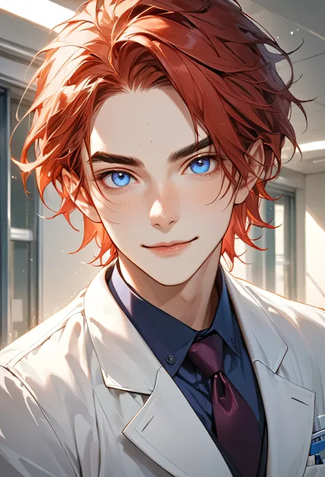 A young man with a gentle and friendly expression, depicted in a realistic or semi-realistic art style. He has pale skin with light freckles, especially on his cheeks and nose, and vibrant red hair with copper tones that is medium-length, slightly tousled,...