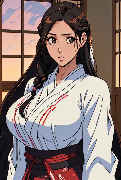 Cute Farmgirl with Braids. ((black haired japanese woman, 30years, long hair, hair slicked back)), Perfectly round face. Beautiful cute face, Big beautiful voluptuous lips, charming beauty, ((gentle expression on your face)), ((Beautiful opaque eyes, Blind...