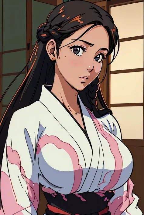 Cute Farmgirl with Braids. ((black haired japanese woman, 30years, long hair, hair slicked back)), Perfectly round face. Beautiful cute face, Big beautiful voluptuous lips, charming beauty, ((gentle expression on your face)), ((Beautiful opaque eyes, Blind...