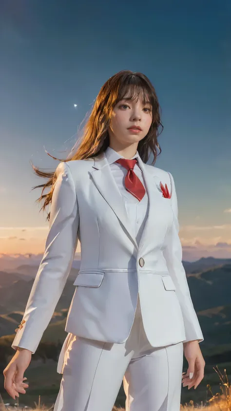 ((Masterpiece, best quality, very detailed), Volumetric light, surrounding occlusion, Rich and colorful, glow), 1 woman, lonely, young girl, (Black bangs), long hair, radius, wind energy, sacred, goddess, CEO vibe, (White suit with Red necktie:1.3), armor,...