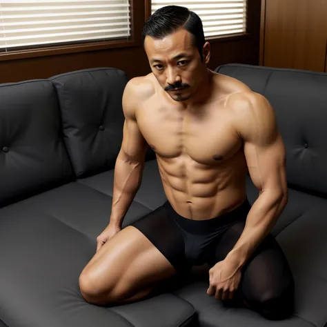 40 years old，Hidetoshi Nakata，（Kogoro Mori 1.3），whole body，Lean，muscle，office，Kneeling，Legs open，Suit，chicken，Two people，black，foot，sock，foot抬起，sofa，Baldhead ，transparent，Thick body hair，underwear，Topless，Densely hairy，Fortitude，HD，With a mustache