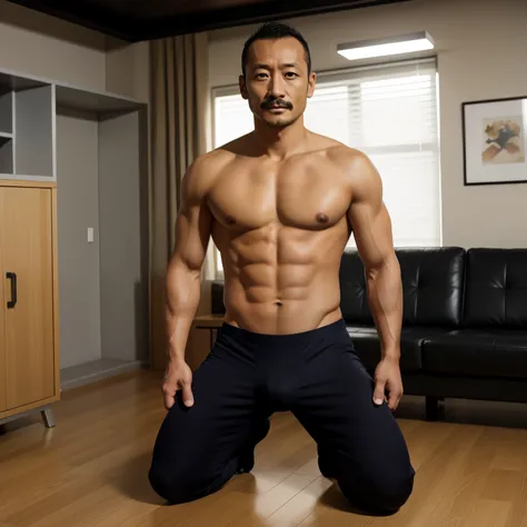 40 years old，Hidetoshi Nakata，（Kogoro Mori 1.3），whole body，Lean，muscle，office，Kneeling，Legs open，Suit，chicken，Two people，black，foot，sock，foot抬起，sofa，Baldhead ，transparent，Thick body hair，underwear，Topless，Densely hairy，Fortitude，HD，With a mustache