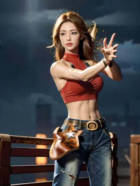 (((1 Girl))), (((Solitary))), Maryams, best quality,(beauty), 1 Girl,Physically Based Rendering ,Ultra-high resolution,(Cowboy shooting:1.5), Willow Waist, Keep fit, Leona MS ,muscular, Big blue eyes, Long legs, jeans, belt, Red vest, Medium breasts, Puffy...