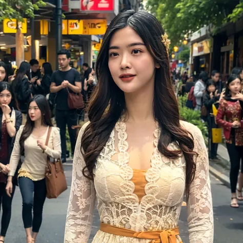 (masterpiece, best quality:1.2), 1girl, solo, wearing kebaya,on a crowded street, upper body