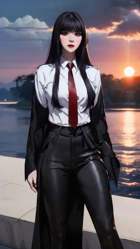 ((Masterpiece, best quality, very detailed), Volumetric light, surrounding occlusion, Rich and colorful, glow), 1 woman, lonely, young girl, (Black bangs), long hair, radius, sacred, goddess, CEO vibe, (Black suit, White shirt with Red necktie:1.3), armor,...
