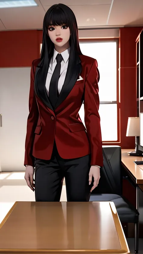 masterpiece, high quality, depth of field, dramatic light, best shadow, best illumination, (backlighting), 8k, beautiful lighting, best quality, highres, female focus, Jiyoung Yoo, 1girl, solo, black hair, long hair, white office suit, red jacket,   