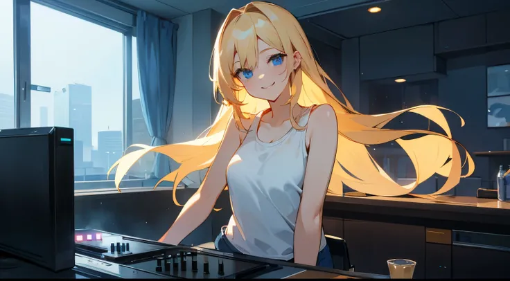 Room in a high-rise building with a night view、One person、Female DJ、White tank top、Blue denim、Blonde、blue eyes、Semi-long hair、smile、Functional