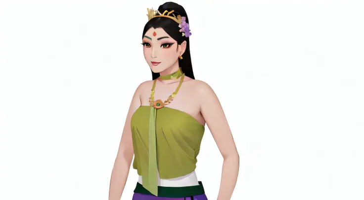 arafed woman in a green top and purple skirt with a flower in her hair, portrait of modern darna, south east asian with round face, anime thai girl, digital art of an elegant, ancient asian dynasty princess, sukhothai costume, beautiful female princess, an...