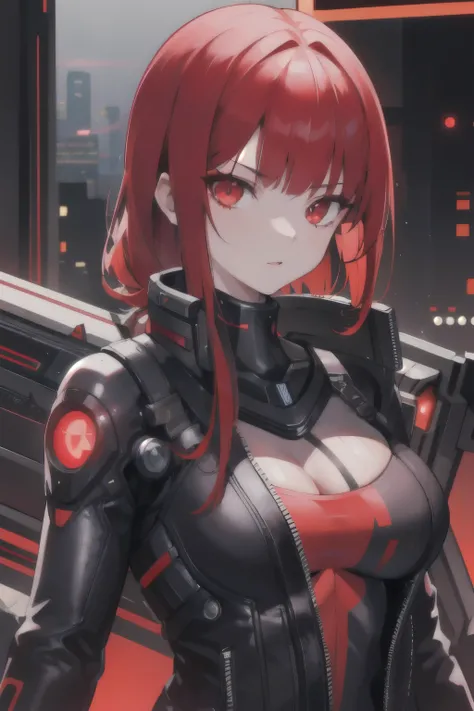 1 girl,red hair,Glowing red eyes,Cyberpunk 2077 Night City,Cutting-edge sniper rifle,David 