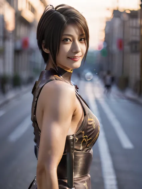 20 year old Japanese beauty，One woman、Muscular body like a bodybuilder、Emphasize the breasts、He has a tortoiseshell comb on his head.、Slit eyes、A head-to-toe view，Bust is very very small、Wall Street in the background、High quality photos、Clear, crisp images...