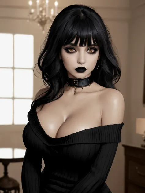 masterpiece,
1girl, bangs, off the shoulder sweater, collar, goth, goth makeup, eyeliner, mascara, indoors, black eyes, big breasts, deep cleavage