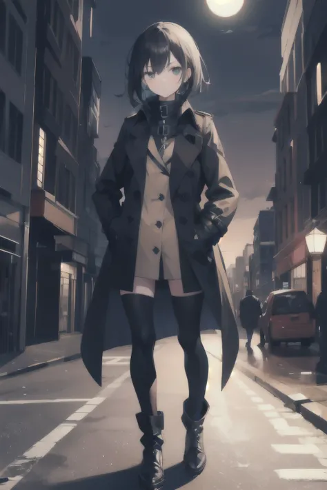 1 girl,nighttime city,Raby,trench coat,hands in pockets,no clothing 