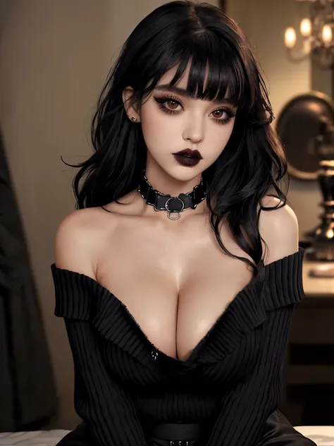 masterpiece,
1girl, bangs, off the shoulder sweater, collar, goth, goth makeup, eyeliner, mascara, indoors, black eyes, big breasts, deep cleavage