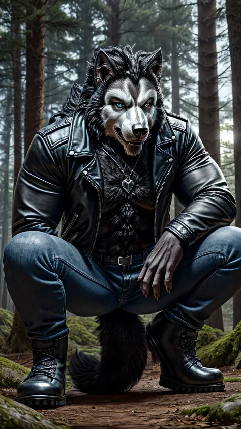 Posing, 1male, 30 years, Beautiful, eyeliner, happy expression, black leather jacket, the second, lobo ears, (black fur:1.5), lobo, forest background, 8k, anything, (Best Quality, masterpiece), (lobo Tail:1.5), detailed skin, Alone, neck, blue jeans, blue ...