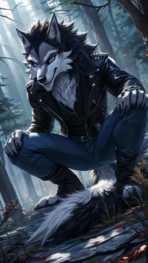 Posing, 1male, 30 years, Beautiful, eyeliner, happy expression, black leather jacket, the second, lobo ears, (black fur:1.5), lobo, forest background, 8k, anything, (Best Quality, masterpiece), (lobo Tail:1.5), detailed skin, Alone, neck, blue jeans, blue ...