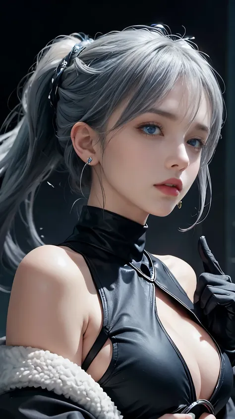 1 girl, aqua eye, return, bangs, nude firm breasts, black gloves, blue eyes, Braid, choker, earrings, fingerless gloves, from front, gloves, gray hair, holding, Jacket, jewelry, long hair, looking at the viewer, looking chest, nail polish, off shoulder, pa...