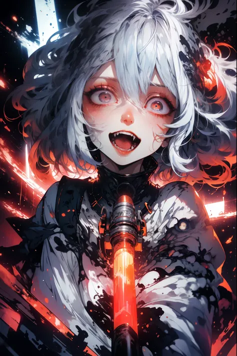 (masterpiece, highest quality, high resolution, official art, beautiful and aesthetic: 1.2), cute, highly detailed, abstract: 1.4, (silver hair: 1.1), dilated pupils, singing while playing electric guitar, singing with mouth wide open, portrait, death meta...