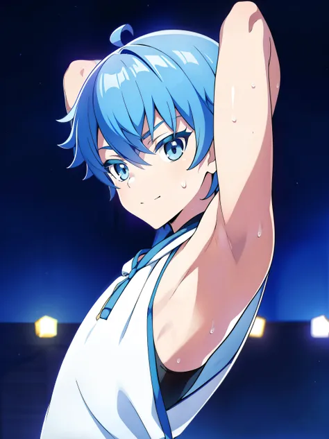 Highres, Masterpiece, Best quality at best,Best Quality,hight quality, hight detailed, Anime style, 1boy, Shota, young boy,14-years-old, chongyun, blue hair, blue eyes, short hair bangs, hair between eyes, Sleeveless hoodie, Bare shoulder, body, light smil...
