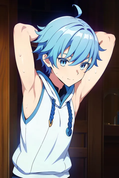 Highres, Masterpiece, Best quality at best,Best Quality,hight quality, hight detailed, Anime style, 1boy, Shota, young boy,14-years-old, chongyun, blue hair, blue eyes, short hair bangs, hair between eyes, Sleeveless hoodie, Bare shoulder, body, light smil...